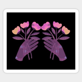 Purple hand with pink and yellow flowers for you on black Magnet